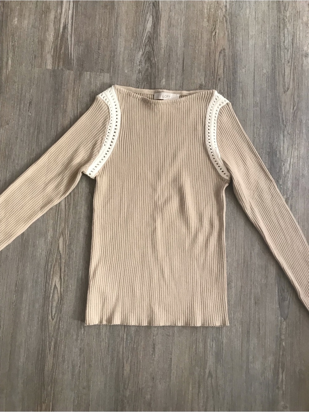 LOFT Beige Ribbed Long-Sleeve Top with White Eyelet Shoulder Trim